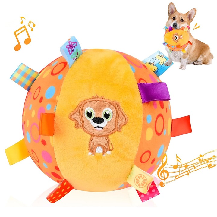 Plüss játék labda kutyáknak, 15 cm, barna, csengővel, interaktív játék szett