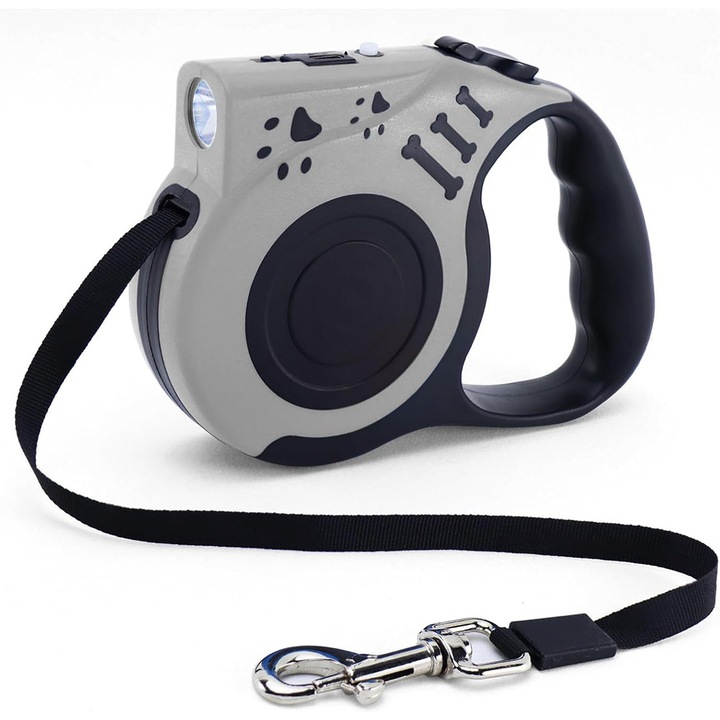 Lesa automata pentru caini, 5 metri, lanterna USB reincarcabila, gri, pentru caini mici si medii