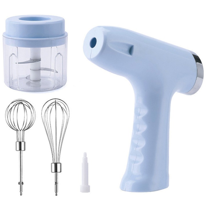 Електрически миксер 3 в 1, 5 скорости, USB, син, 12x12см, комплект с чопър за чесън и аксесоари от неръждаема стомана