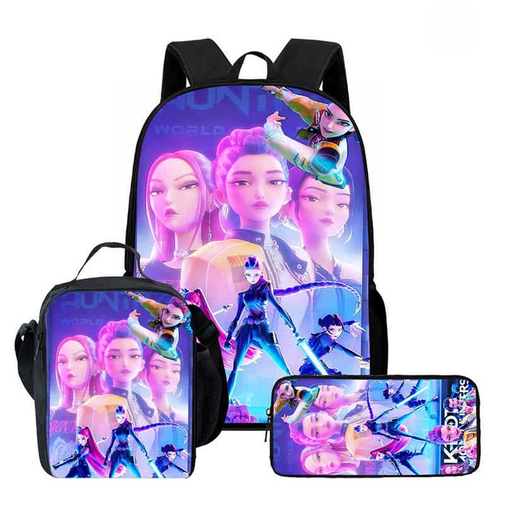 Ghiozdan student cu imprimeu Kpop Demon Hunters, set 3 piese, capacitate mare, multicolor