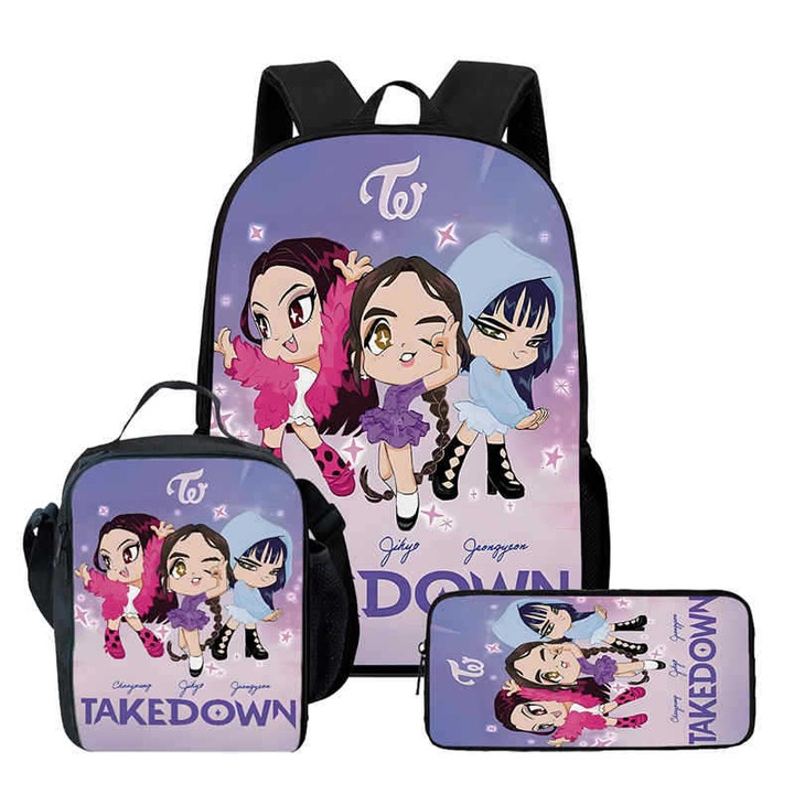 Ghiozdan cu imprimeu Kpop Demon Hunters, set 3 piese, capacitate mare, multicolor