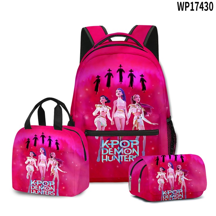 Ghiozdan cu imprimeu K-POP Demon Hunters, set 3 piese ghiozdan + geanta pranz + penar