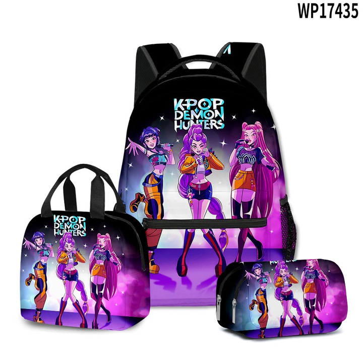 Háromrészes iskolai szett, amely hátizsákból + uzsonnás dobozból + tolltartóból áll, Zimilo, Boszorkányvadász, tartós, 30×40×17 cm, nagy kapacitású, könnyű, gyermek hátizsák, Fekete/Lila