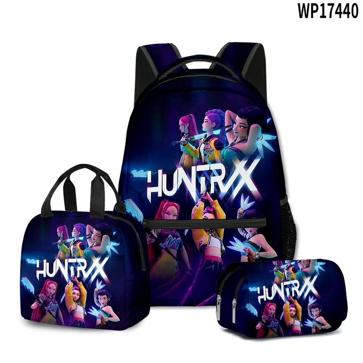 Set scolar din trei piese compus din ghiozdan + cutie pentru pranz + penar, Zimilo, Witch Hunter, rezistent, 30×40×17 cm, capacitate mare, usor, ghiozdan pentru copii, Negru/Albastru