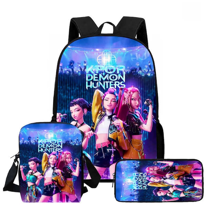 Demon Hunters mintás iskolatáska, 3 részes szett, nagy kapacitású, többszínű