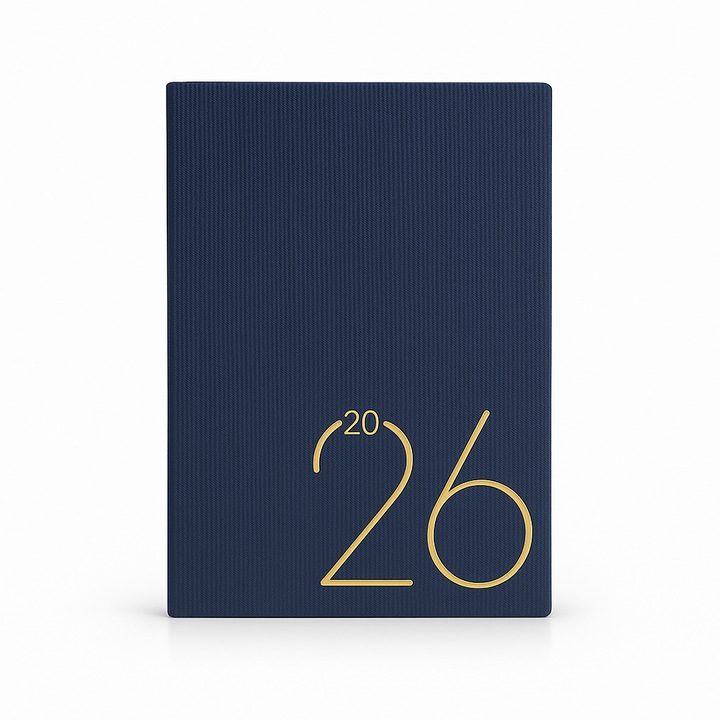 Agenda 2026 Albastru cu accente aurii, textură fină, pagini premium, 15x21cm