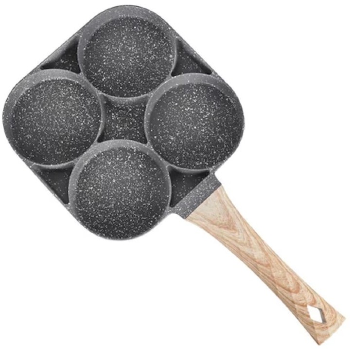 Tigaie antiaderentă, 4 compartimente, mânere din lemn, gri închis, pentru ouă, clătite, sandwich-uri
