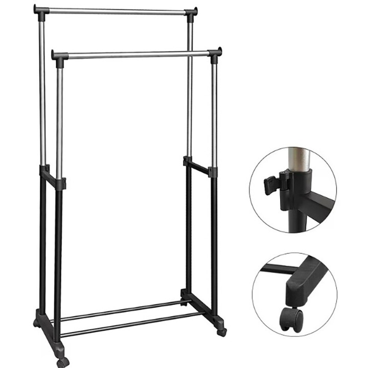 Suport dublu pentru umerase si haine tip stander, Cu roti si inaltime reglabila, 94-160cm, Negru