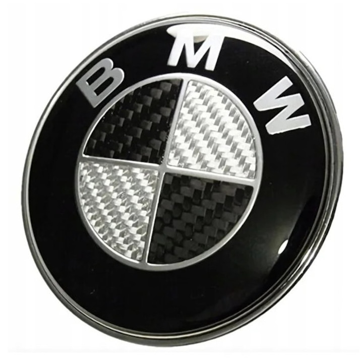 Emblema BMW, Sigla BMW, Montare pe Capota/Portbagaj cu pini de fixare inclusi, 74/82mm, Design Carbon, Universala, Negru-Alb