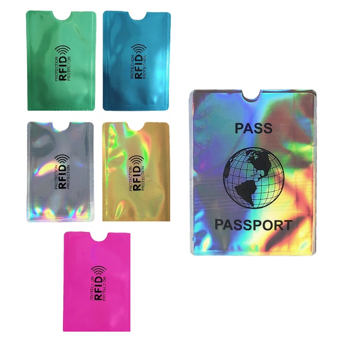 Комплект от 6 броя RFID калъфи за карти със защита срещу сканиране, размагнитване и измамно използване (5 банкови карти + 1 паспорт)