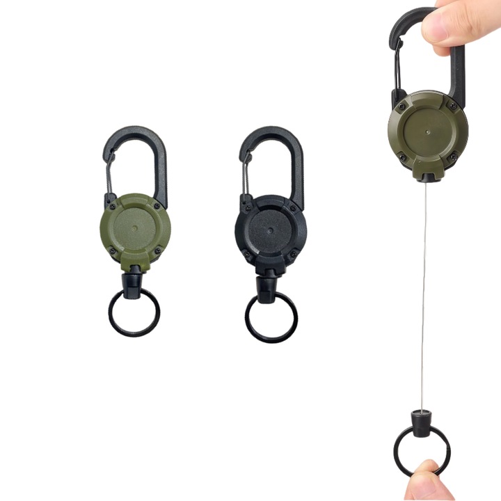 2 bucati carabiniere U din plastic ABS cu arc extensibil, cablu retractabil de 60 cm, portabila, negru+verde