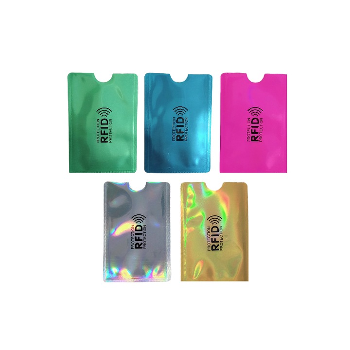 Комплект от 5 броя калъфи за RFID карти със защита срещу сканиране, размагнитване и измамно използване на NFC за банкови карти и документи за самоличност, 5 цветови комбинации