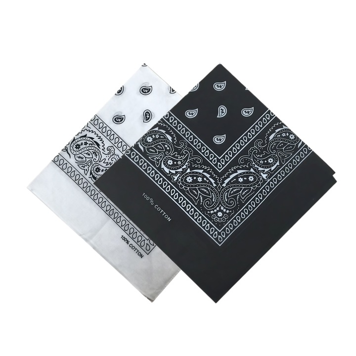 2 bucati fular patrat din bumbac 100% cu imprimare, accesorii vestimentare (esarfa, banda pentru par, fular pentru talie), accesorii pentru bagaje 55×55 cm (alb + negru)