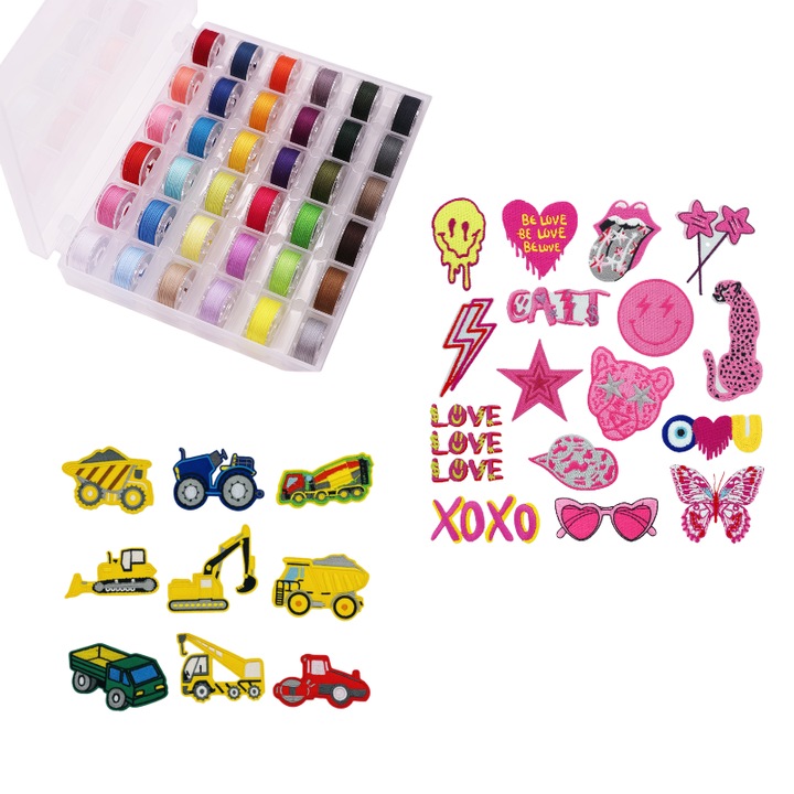 Teljes 61 darabos készlet: hímzett foltok + varrócérna – 100% pamut, hőre ragasztható és kézzel varrható, sokoldalú megoldás javításokhoz, barkácsoláshoz és egyedi tervezéshez