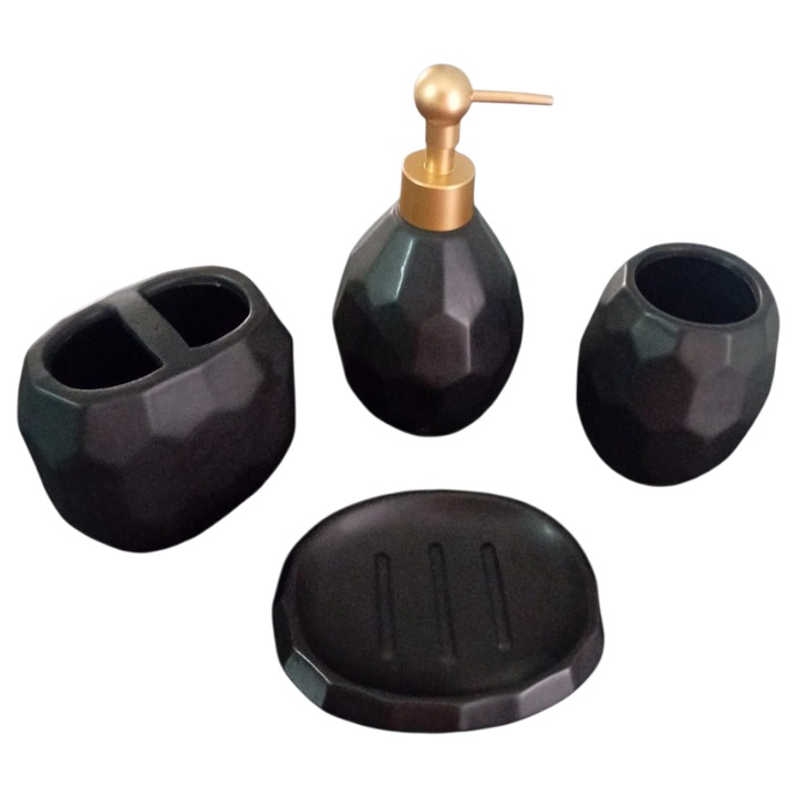 Set accesorii baie 4 piese din ceramica, model fagure, Negru mat, dozator de sapun, suport periuta si pasta de dinti, pahar si suport sapun solid