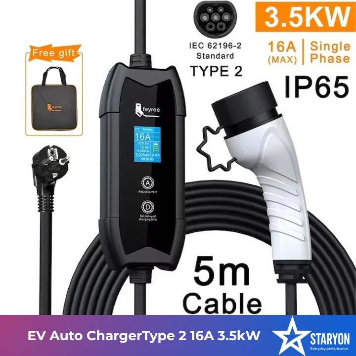 Incarcator Portabil Masina Electrica EV Auto Type 2 16A 3.5kW 230V Monofazic, Cablu 5m, Reglaj Curent 8A 10A 13A 16A, Ecran LCD cu Afisaj in Timp Real, Protectie IP65, Utilizare Interior Exterior, Compatibil Tesla, VW ID.3, BMW, Hyundai