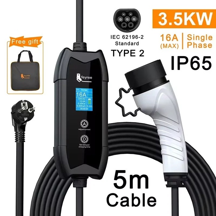 Hordozható Elektromos Autó Töltő EV Auto Type 2 16A 3.5kW 230V Egyfázisú, 5m Kábel, Áramszabályozás 8A 10A 13A 16A, LCD Kijelző Valós Idejű Adatokkal, IP65 Védelem, Beltéri és Kültéri Használat, Kompatibilis Tesla, VW ID.3, BMW, Hyundai