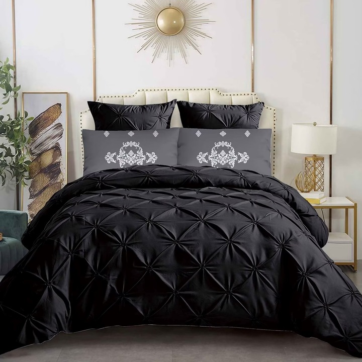 Set Lenjerie CHIRASO, Finet Premium, 6 Piese, Pat Dublu, Cearceaf cu Elastic 180x200x25 cm, Husa Pilota 200x230 cm, Fete Perna 55x80 si 50x50 cm, negru