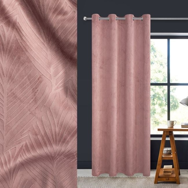 Perdea decorativa Generic, catifea roz, frunze reliefate, 260x140cm, prindere cu banda