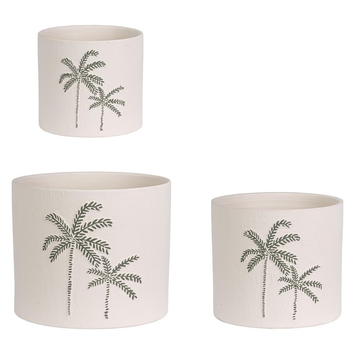 Set 3 ghivece flori teracota alba verde Palm Ø20x17,5h; ø25x22h; ø30x25h