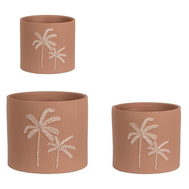 Set 3 ghivece flori teracota maro crem Palm Ø20x17,5h; ø25x22h; ø30x25h