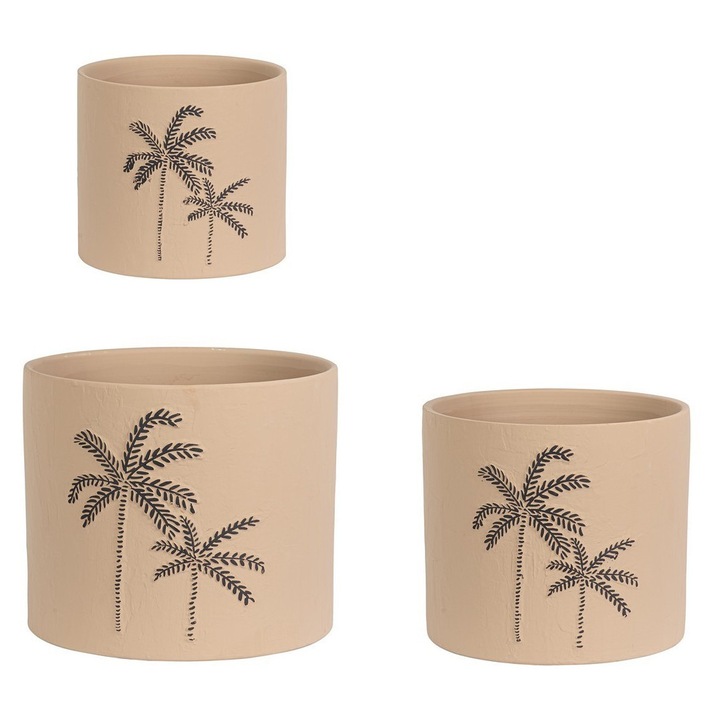 Set 3 ghivece flori teracota bej negru Palm Ø20x17,5h; ø25x22h; ø30x25h