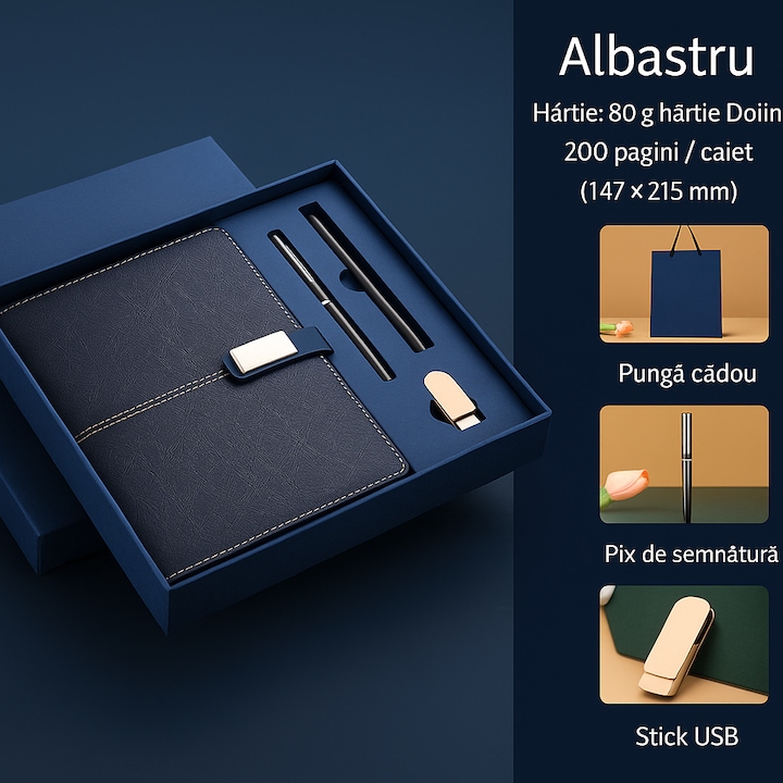 Set de birou elegant cu agenda din piele ecologică, pix metalic și stick USB, 147x215mm