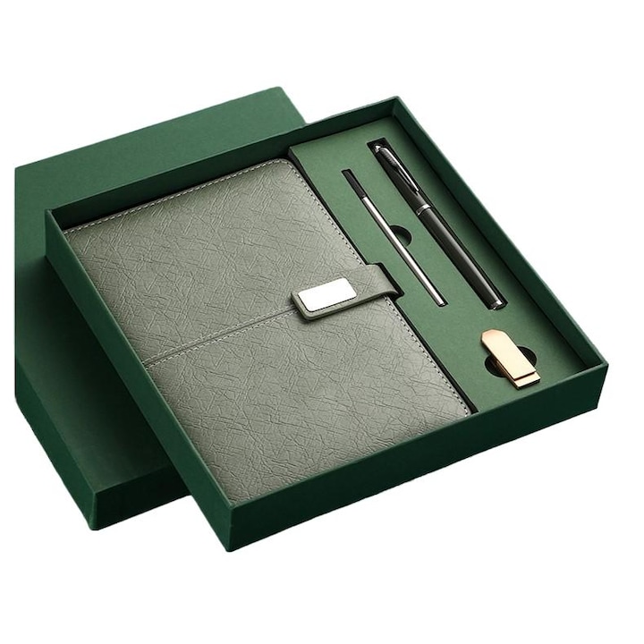 Set de birou elegant cu agenda din piele ecologica, pix metalic si stick USB – alegerea perfecta pentru cadouri business rafinate