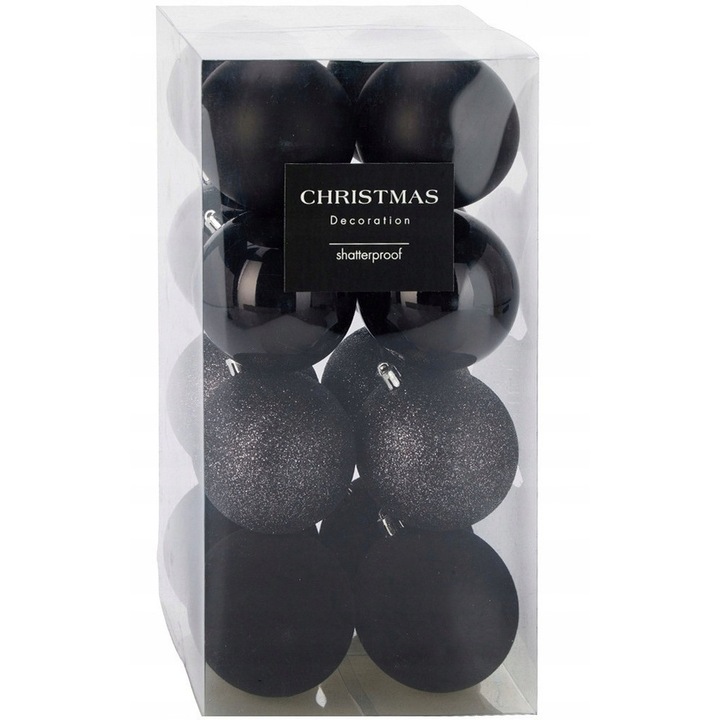 Globuri de Craciun set 16 bucati 8 cm negre mix mat, lucios, brocat, velur