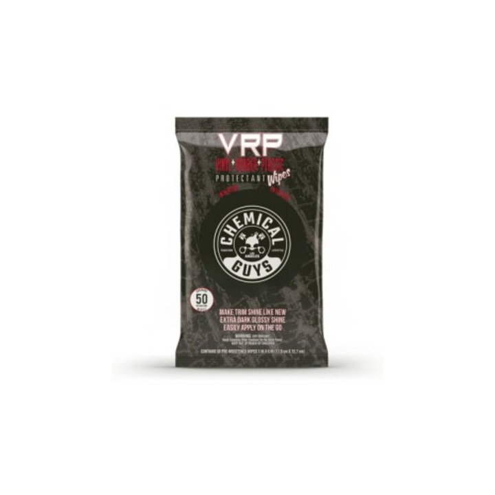 ChemicalGuys VRP Shine And Protectant törlőkendők vinyl, gumi és műanyag tisztítására, 50 db