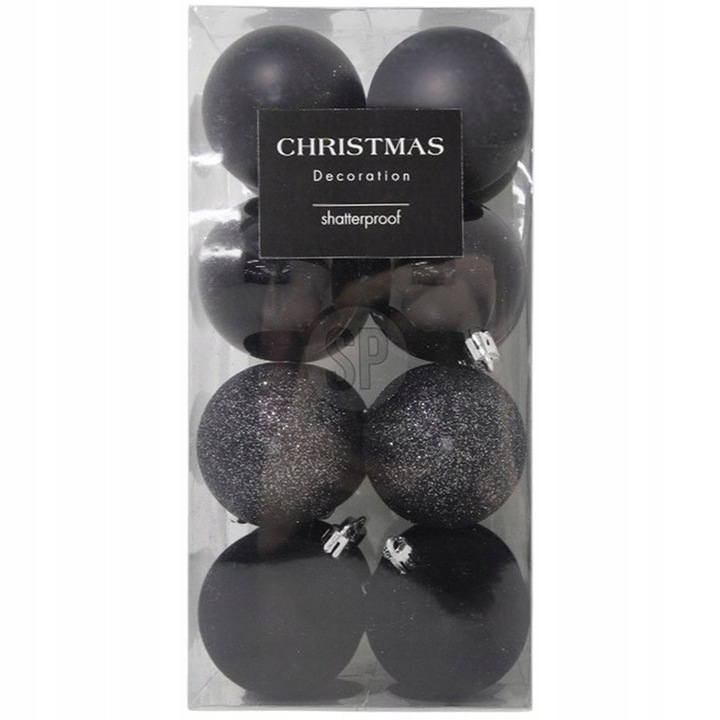 Set globuri de Craciun DomoDomo, 16 bucati, 6 cm, negre, mat, lucioase, brocart, velur