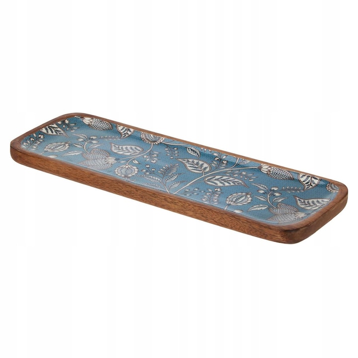 Platou de servire DomoDomo, 30x10 cm, lemn mango, model floral, albastru