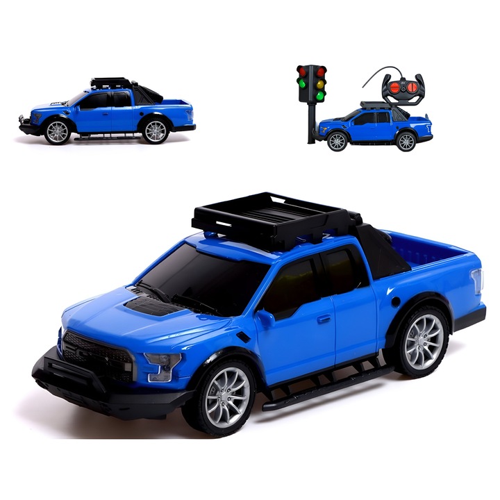 Set de joaca ANGMAD - Masinuta Ford Ranger cu telecomanda si semafor cu lumini si sunete, scara 1:16, albastru multicolor, varsta minim recomandata 3ani+