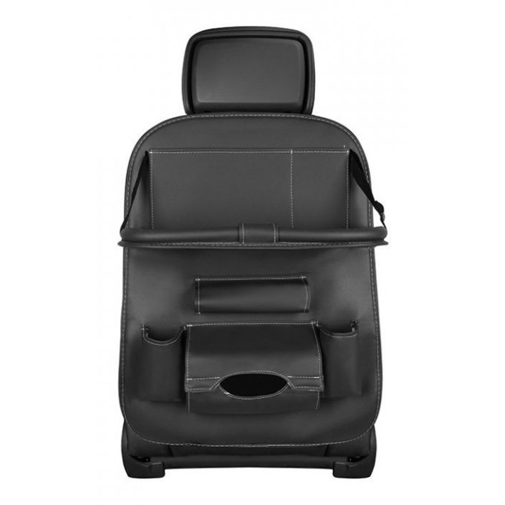 WTO® multifunkcionális autós rendszerező, ülés háttámlára, összecsukható asztallal, több tárolórekesszel, műbőr, 62 x 42 cm, fekete