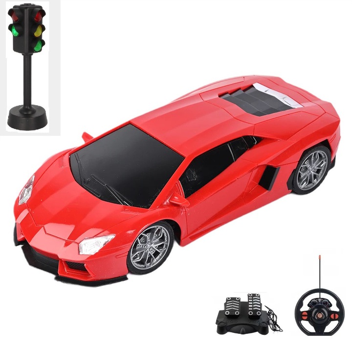 Set de joaca ANGMAD - Masina Super Sport cu telecomanda, senzor gravitational si pedale, semafor cu lumini si sunete, scara 1:16, rosu, varsta minim recomandata 3ani+