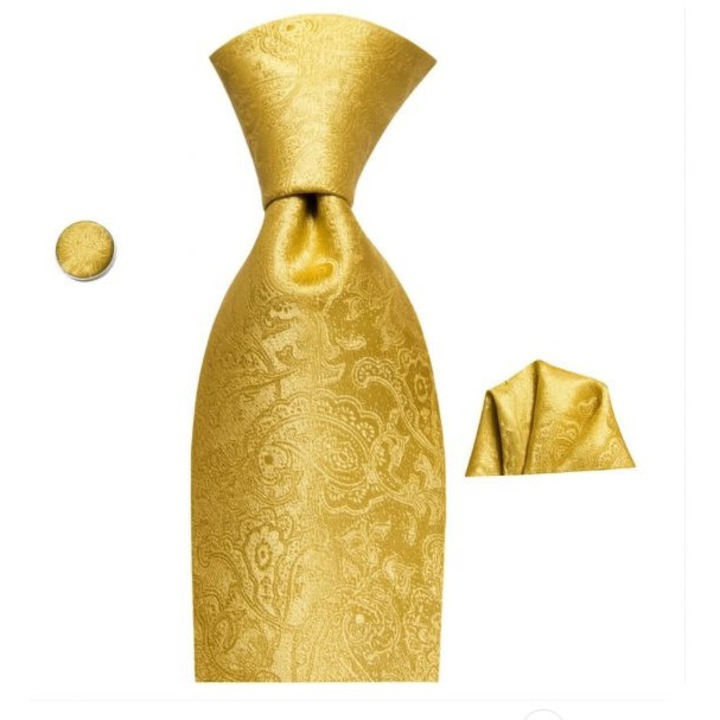 Set cravata matase + batista + butoni, auriu, model floral, SCR195