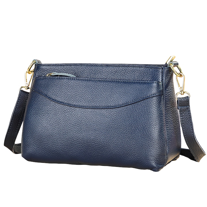 Geanta de dama din piele naturala, Lucmark, 25 x 17.5 x 10, practica, design clasic, Albastru inchis, 25 x 17.5 x 10 cm