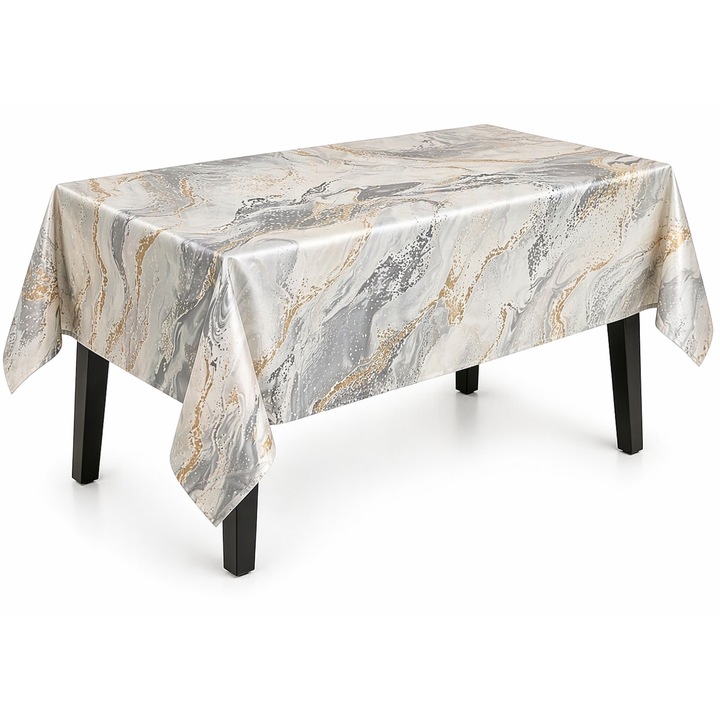 Fata de masa impermeabila, musama, dreptunghiulara, 100x140 cm, material PVC/textil, model marmorat gri-argintiu cu accente aurii