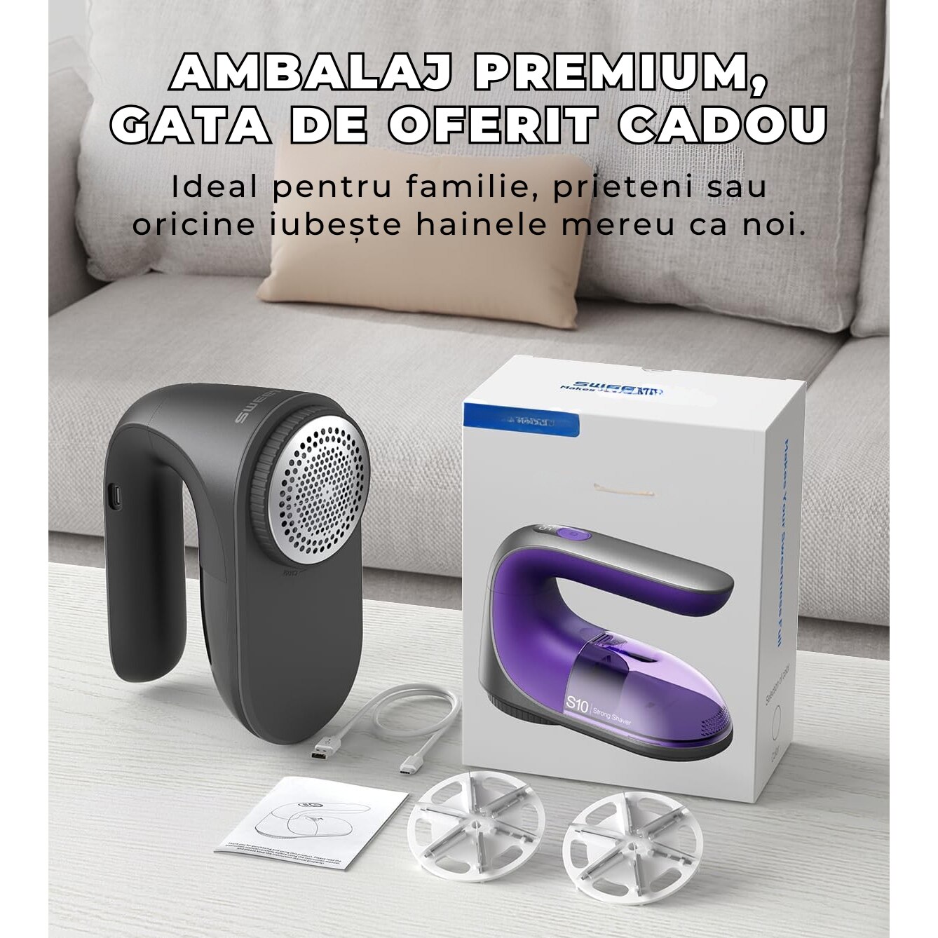 Aparat Electric de Curățat Scame SWEETFULL S10, 7 cm, Aspirare Integrată, Reîncărcabil USB-C