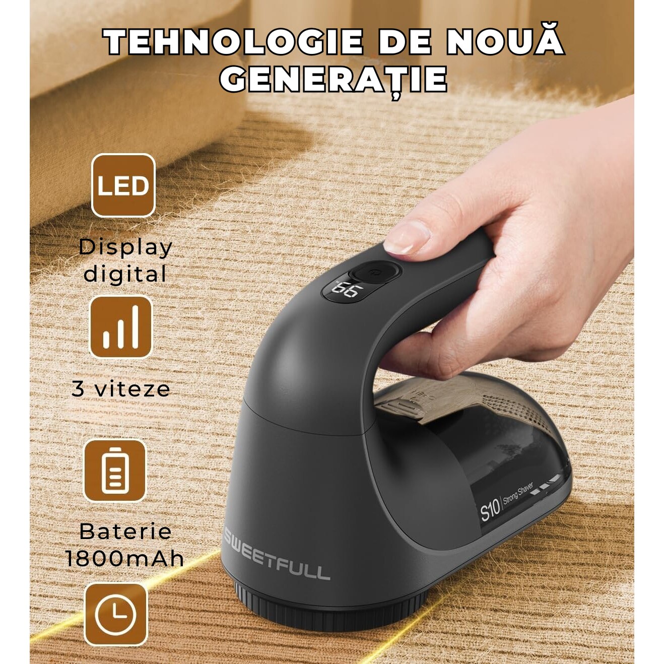 Aparat Electric de Curățat Scame SWEETFULL S10, 7 cm, Aspirare Integrată, Reîncărcabil USB-C