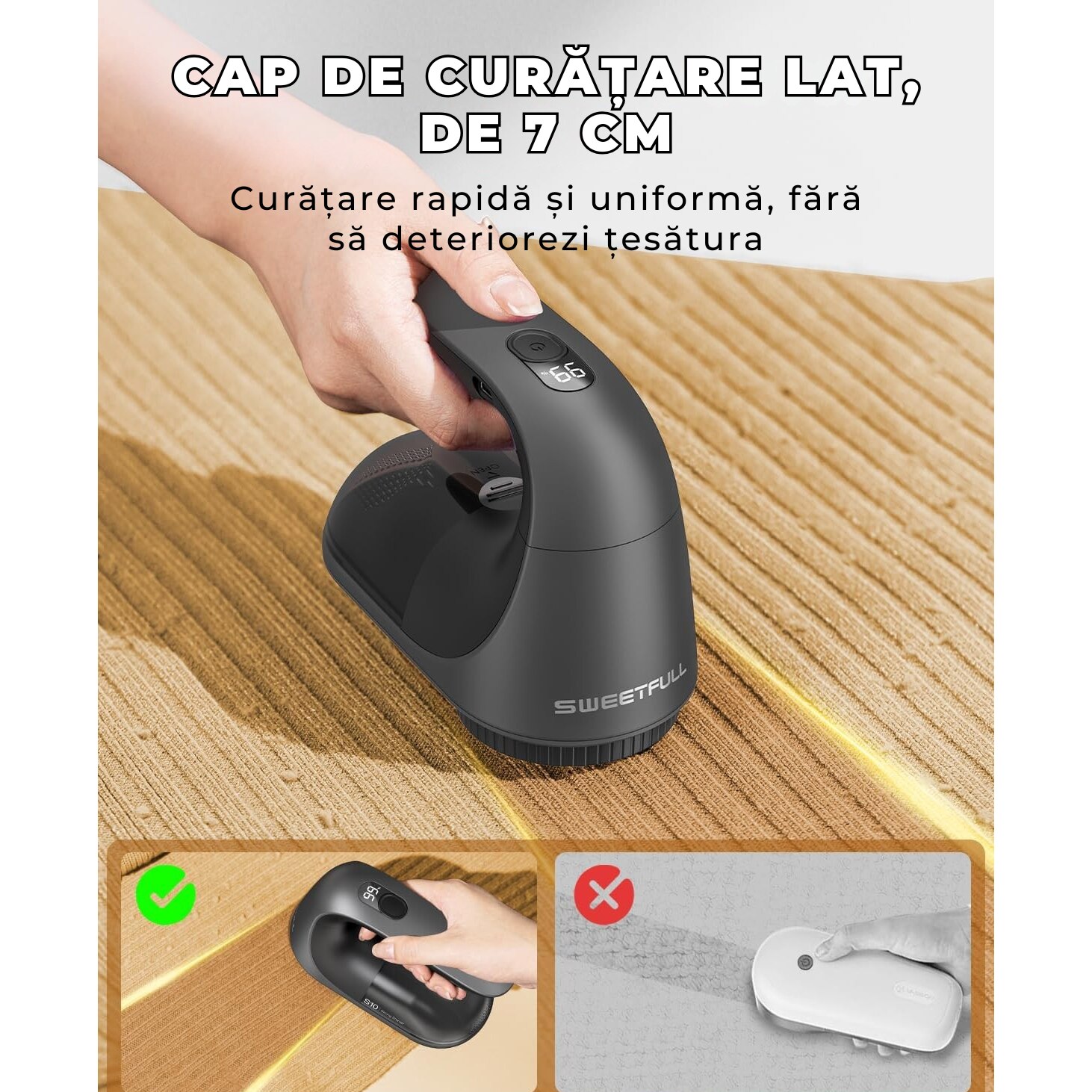 Aparat Electric de Curățat Scame SWEETFULL S10, 7 cm, Aspirare Integrată, Reîncărcabil USB-C