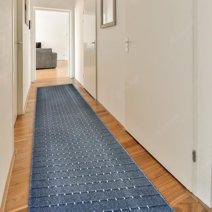 Covor traversa Magazincovoare, geometric, gri antracit, 67x300cm, subtire, antiderapant