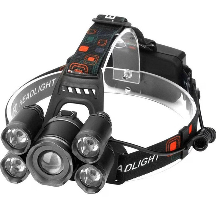 Челен фенер с 5 LED диода, сензор, водоустойчив, 2 батерии, 5 x T6X Led Cree, ъгъл на лъча 180 °, въртене на 90 °