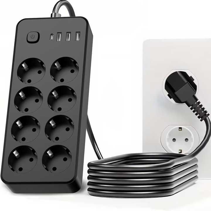 Prelungitor cu protectie la supratensiune, cu 8 Prize, 1 Port USB-C si 3 Porturi USB-A 12W, 1.8m, Protectie la Supratensiune Cablu, Intrerupator, pentru Smartphone, Birou, Casa, Negru