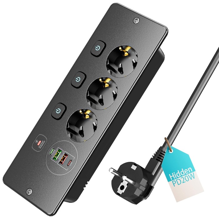 Удължител, Зарядна Станция за Повърхностен Монтаж, 7 в 1 с 3 Контакта и USB Портове, Type-C 20W, Интегриран Удължител, Кабел 1.8м, за Офис, Черен