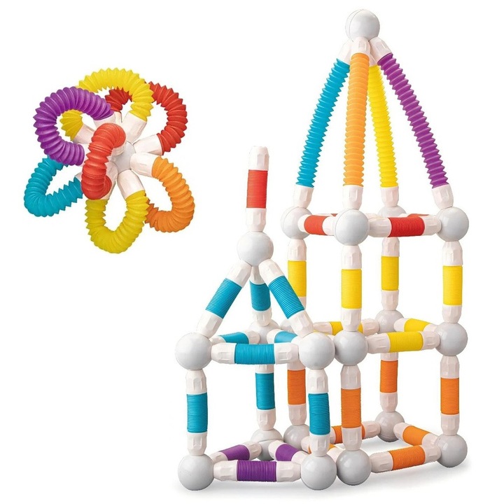 Set de constructie magnetic flexibil cu tuburi si bile, 57 piese, multicolor, Toyska