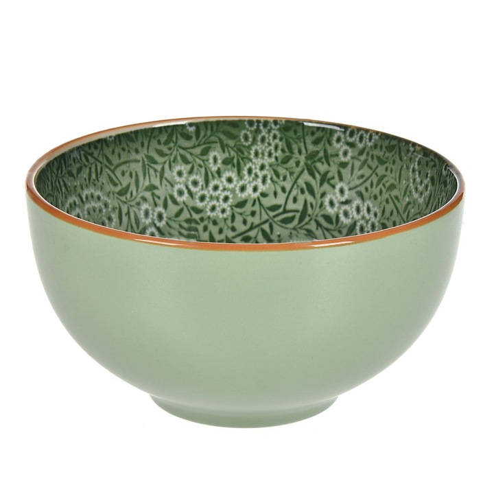 Bol new bone verde menta cu model floral in interior & margine maro 420ml