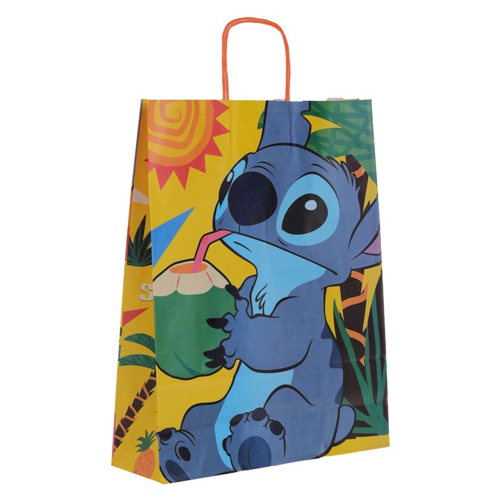 Sacosa Cadou din Hartie Kraft Colorata Stitch cu Colier & Ananas 36x12x46cm