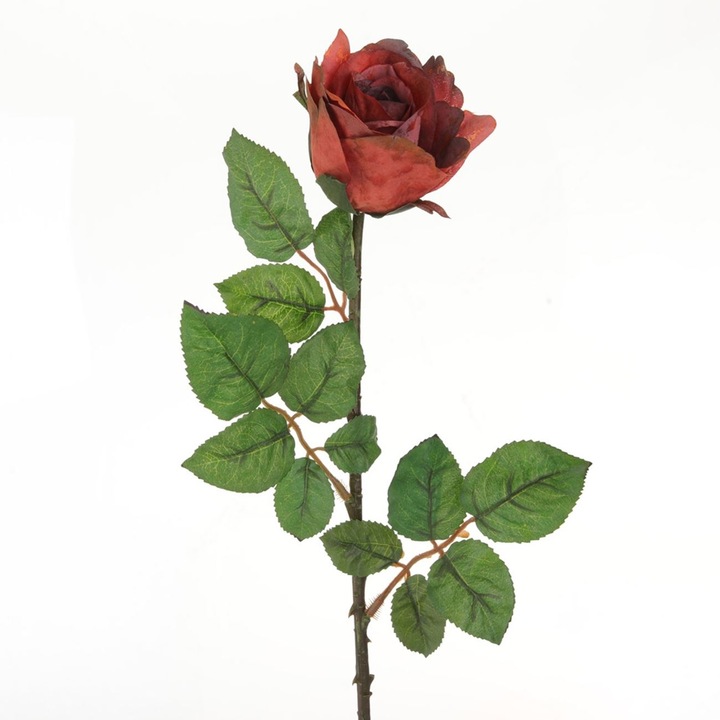 Изкуствено цвете с дълго стъбло, червено-кафява роза 66см