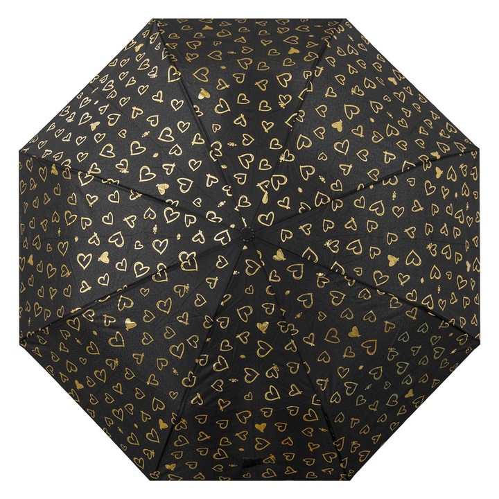 Umbrela de ploaie pliabila manuala neagra cu inimi din folie aurie & maner curbat 27cm